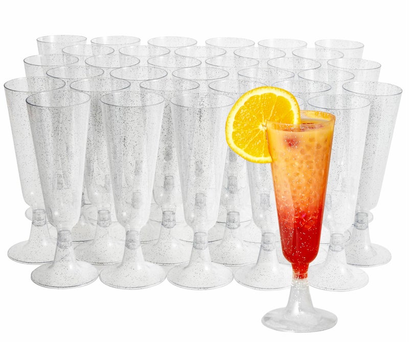 MATANA 50 Plastic Champagne Flutes 5oz with Silver Glitter - Sturdy & Reusable - Cocktails, Prosecco, Mimosa - Toasting Glasses for Birthdays, Weddings, Christmas, BBQ & Parties - Image 1